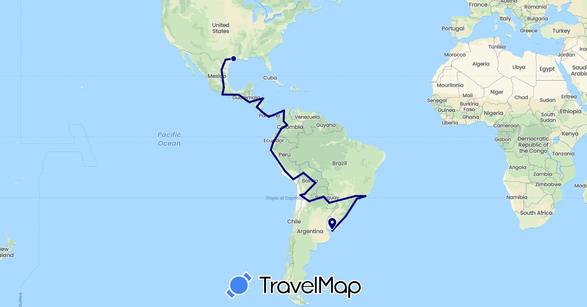 TravelMap itinerary: driving in Argentina, Bolivia, Brazil, Chile, Colombia, Costa Rica, Ecuador, Guatemala, Honduras, Mexico, Nicaragua, Panama, Peru, Paraguay, El Salvador, United States, Uruguay (North America, South America)