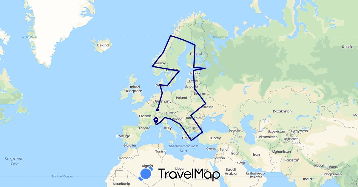 TravelMap itinerary: driving in Bosnia and Herzegovina, Germany, Denmark, Estonia, Finland, France, Greece, Italy, Lithuania, Norway, Romania, Russia, Sweden, Turkey, Ukraine (Asia, Europe)